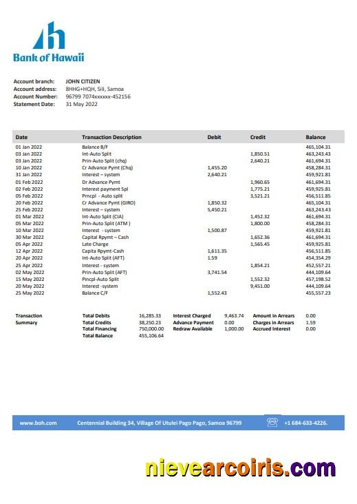 Samoa Bank of Hawaii bank proof of address statement in Word and PDF format